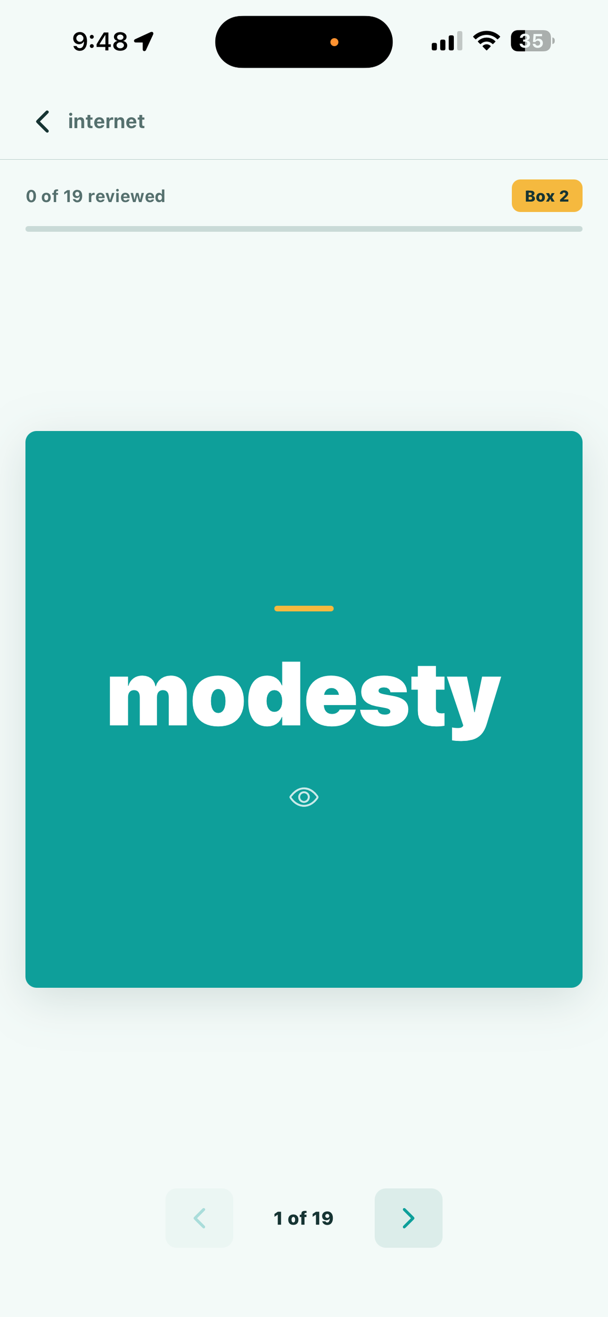 WordWise flashcard review showing the word modesty, 1 of 19